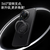 Huawei Pura 70 Pro Siyah Gri Fiber Dokulu Manyetik Kablosuz Şarjlı 360° Dönebilen Standlı Telefon Kılıfı - 5