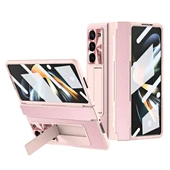 Samsung Galaxy Z Fold 6 Pembe Menteşe Korumalı Deri Standlı Kılıf - 4