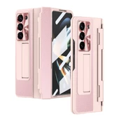 Samsung Galaxy Z Fold 6 Pembe Menteşe Korumalı Deri Standlı Kılıf - 5