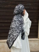 Pamuklu Soft Roza Desen Şal-Siyah/Gri - 4