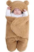 0-12 Ay Unisex Bebek Kapüşonlu Kulaklı Peluş Kundak Battaniye Uyku Tulumu Kahverengi - 1