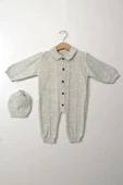 Gri Unisex Bebek Tulum Şapkalı Triko Düğmeli Örgü Kışlık Yenidoğan Uzun Kollu Tulum Takım - 6