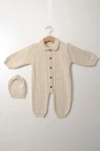 Bej Unisex Bebek Tulum Şapkalı Triko Düğmeli Kışlık Örgü Uzun Kollu Yenidoğan Giyim - 6