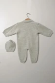 Gri Unisex Bebek Tulum Şapkalı Triko Düğmeli Örgü Kışlık Yenidoğan Uzun Kollu Tulum Takım - 7