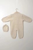 Bej Unisex Bebek Tulum Şapkalı Triko Düğmeli Kışlık Örgü Uzun Kollu Yenidoğan Giyim - 12