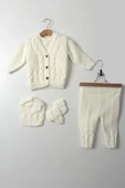 Unisex Bebek 5'li Beyaz Triko Takım Kışlık Yelek, Kazak, Pantolon, Bere, Patik Kalın Örgü - 1
