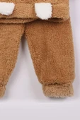 Erkek Bebek Çocuk Polar Takım Ayıcık Desenli Kapüşonlu Peluş 2'li Kışlık Günlük Giyim - 9