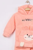 Kız Bebek Çocuk 2'li Polar Takım Tavşanlı Kapüşonlu Peluş Kışlık Günlük Rahat Giyim - 2