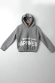 Kız Çocuk 5-10 Yaş Şardonlu Kalın Sweatshirt - Kapüşonlu Gri HAPPINESS Baskılı - 4
