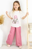 Kız Çocuk Pudra Bol Paça Pantolon ve Beyaz Baskılı Tişört Takım 5-13 Yaş Yazlık Kombin thumbnail 1
