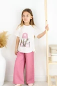 Kız Çocuk Pudra Bol Paça Pantolon ve Beyaz Baskılı Tişört Takım 5-13 Yaş Yazlık Kombin thumbnail 7