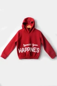 Kız Çocuk 5-10 Yaş Şardonlu Kalın Sweatshirt - Kapüşonlu Kırmızı HAPPINESS Baskılı thumbnail 1