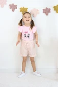 Kız Çocuk Pembe Fiyonklu Şortlu Takım - Yazlık Pamuklu Sevimli Baskılı 2'li Takım - 3
