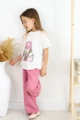 Kız Çocuk Pudra Bol Paça Pantolon ve Beyaz Baskılı Tişört Takım 5-13 Yaş Yazlık Kombin thumbnail 8