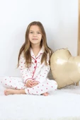 Kız Çocuk Kırmızı Kalpli Pamuklu Pijama Takımı - Uzun Kollu Düğmeli Rahat Takım - 5