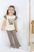 Kız Çocuk Bej Leopar Detaylı Yazlık Takım - Tişört ve İspanyol Paça Pantolon Kombin - 2