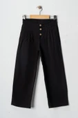 Kız Çocuk Düğmeli Yüksek Bel Geniş Paça Pantolon - Siyah, Günlük, Bayramlık thumbnail 5