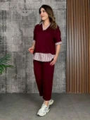 Kadın Modal Kumaş çizgili Gömlek Yaka Ikili Takım - 1