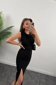 Kadın Askılı Kolsuz Belden Büzgülü Yırtmaçlı Midi Janjan Krep Elbise - 6