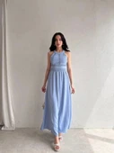 Kadın Krinkil Kumaş Beli Gipeli Halter Yaka Maxi Boy Elbise - 1