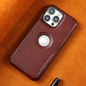 iPhone 12 için Lüks Suni Deri Kılıf - Bordo - 1