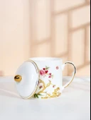 Çiçek Desenli Kemik Porselen Çay Fincanı - Kapaklı - 12.5cm - 1
