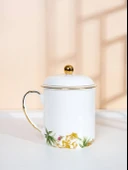 Çiçek Desenli Kemik Porselen Çay Fincanı - Kapaklı - 12.5cm - 9