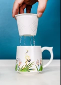 Kemik Porselen Demlikli Kupa - Geyik Desenli - 13cm x 8.5cm - 2