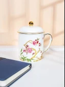 Çiçek Desenli Kemik Porselen Çay Fincanı - Kapaklı - 12.5cm - 10