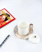 Sihai Shengping Desenli Fine Bone China Çay Fincanı Seti - Kapaklı, Tabaklı - 12.5cm - 5