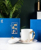 Sihai Shengping Desenli Fine Bone China Çay Fincanı Seti - Kapaklı, Tabaklı - 12.5cm - 6