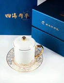 Sihai Shengping Desenli Fine Bone China Çay Fincanı Seti - Kapaklı, Tabaklı - 12.5cm - 2