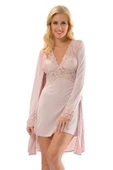 Şık Rahat Zarif Büyüleyici Pudra Kadife Dantelli Sabahlık & Gecelik Takım 2'li Set - 1
