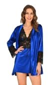 Yeni Sezon Rahat Zarif Kadın Büyüleyici Mavi Kadife Dantelli Sabahlık & Gecelik Takım 2'li Set - 2