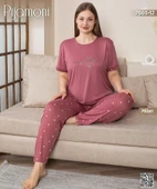 Pijamoni Kadın Milan Büyük Beden Bisiklet Yaka Kısa Kol İnce Pijama Takımı 7665/12- 1 Adet  4XL Gül Kurusu thumbnail 2