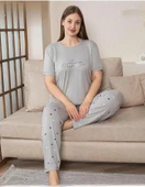 Pijamoni Kadın Milan Büyük Beden Bisiklet Yaka Kısa Kol İnce Pijama Takımı 7665/7- 1 Adet  4XL Gri - 1