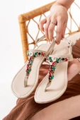 152-1110 Bej Multi Taşlı Parmak Arası Kadın Sandalet thumbnail 2