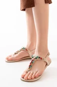 152-1110 Bej Multi Taşlı Parmak Arası Kadın Sandalet thumbnail 4