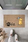 Dijital Baskı Kahverengi Patili Love Yazılı Maskeli Kedi Dekoratif Kapı Paspası K-2010 - 1