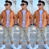 MODAVALS CEP ve KOL DETAYLI DÜĞMELİ CEKET BASKILI TİŞÖRT ve KARGO PANTOLON 3 PARÇA ERKEK ÇOCUK TAKIM-589274601 - 5