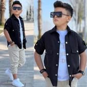 MODAVALS CEP ve KOL DETAYLI DÜĞMELİ CEKET BASKILI TİŞÖRT ve KARGO PANTOLON 3 PARÇA ERKEK ÇOCUK TAKIM-589274601 - 3