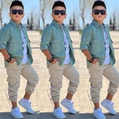 MODAVALS CEP ve KOL DETAYLI DÜĞMELİ CEKET BASKILI TİŞÖRT ve KARGO PANTOLON 3 PARÇA ERKEK ÇOCUK TAKIM-589274601 - 8