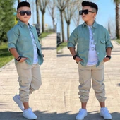 MODAVALS CEP ve KOL DETAYLI DÜĞMELİ CEKET BASKILI TİŞÖRT ve KARGO PANTOLON 3 PARÇA ERKEK ÇOCUK TAKIM-589274601 - 9