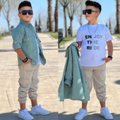 MODAVALS CEP ve KOL DETAYLI DÜĞMELİ CEKET BASKILI TİŞÖRT ve KARGO PANTOLON 3 PARÇA ERKEK ÇOCUK TAKIM-589274601 - 11