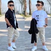 MODAVALS CEP ve KOL DETAYLI DÜĞMELİ CEKET BASKILI TİŞÖRT ve KARGO PANTOLON 3 PARÇA ERKEK ÇOCUK TAKIM-589274601 - 4