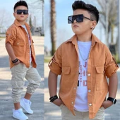 MODAVALS CEP ve KOL DETAYLI DÜĞMELİ CEKET BASKILI TİŞÖRT ve KARGO PANTOLON 3 PARÇA ERKEK ÇOCUK TAKIM-589274601 - 6