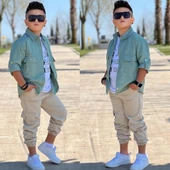 MODAVALS CEP ve KOL DETAYLI DÜĞMELİ CEKET BASKILI TİŞÖRT ve KARGO PANTOLON 3 PARÇA ERKEK ÇOCUK TAKIM-589274601 - 10