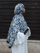 Pamuklu Soft Roza Desen Şal-Krem/Lacivert - 1