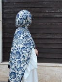 Pamuklu Soft Roza Desen Şal-Krem/Lacivert - 5