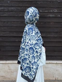 Pamuklu Soft Roza Desen Şal-Krem/Lacivert - 4